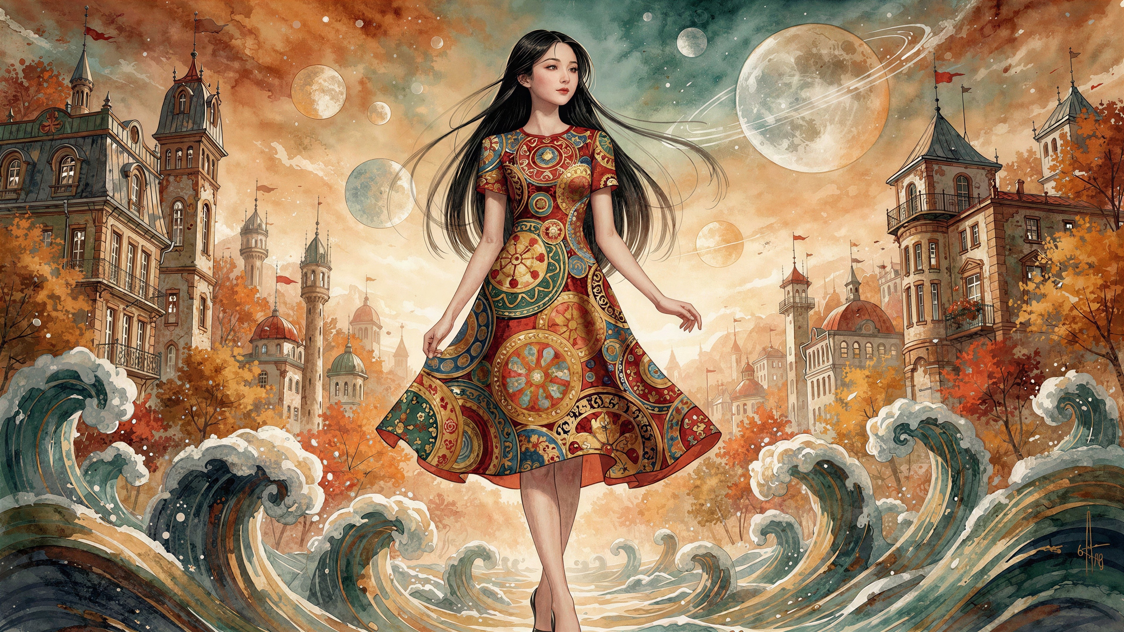 Vibrant Full Body Painting of Asian Woman in Colorful Dress