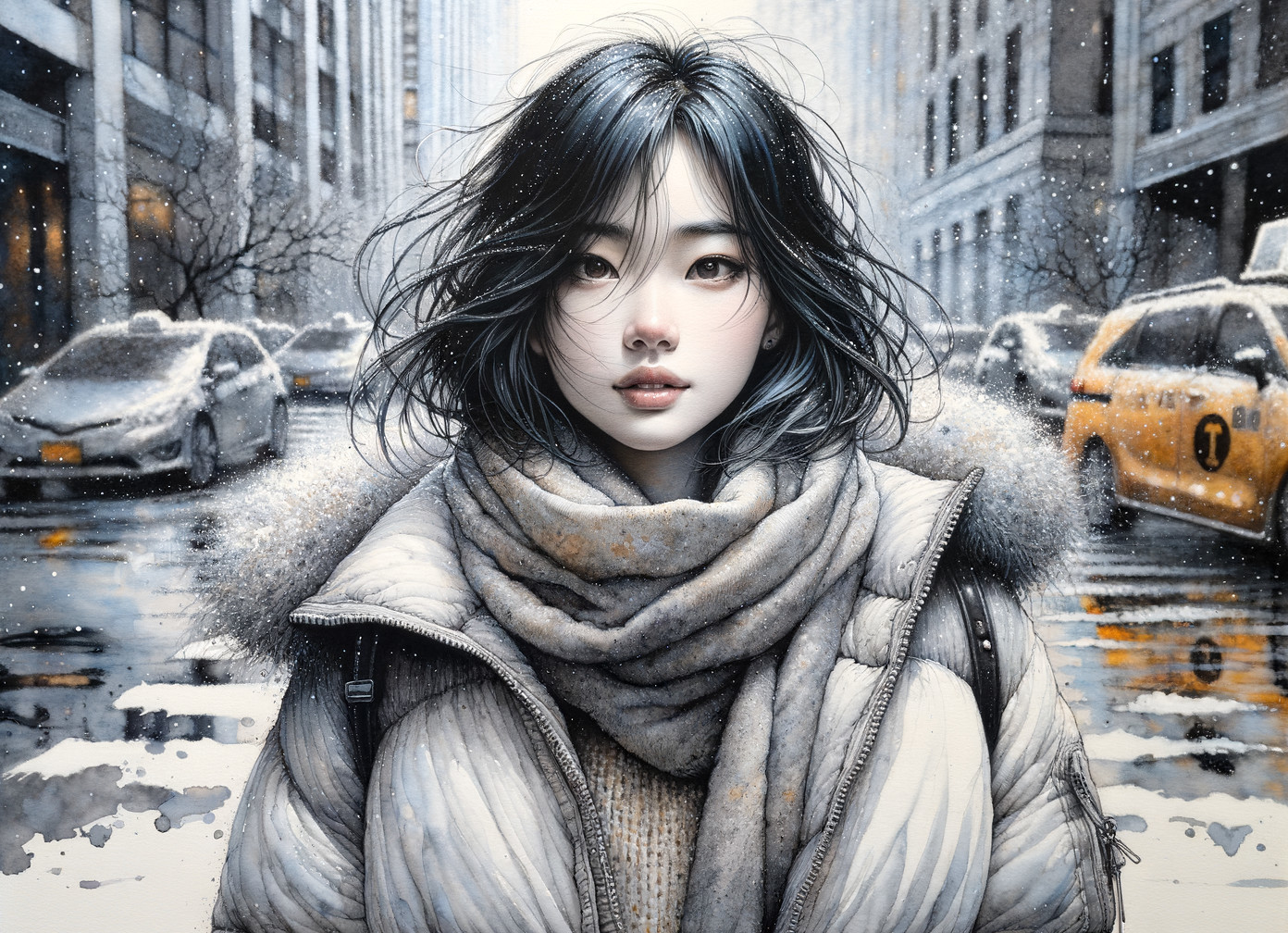 Young woman in oversized coat in snowy cityscape