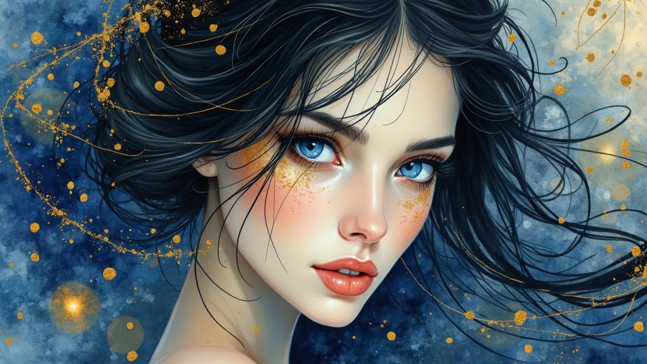 Portrait of a Young Woman with Blue Eyes and Gold Accents