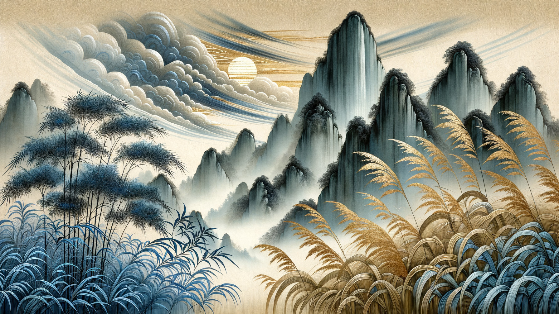 Serene Landscape with Misty Mountains and Lush Greenery
