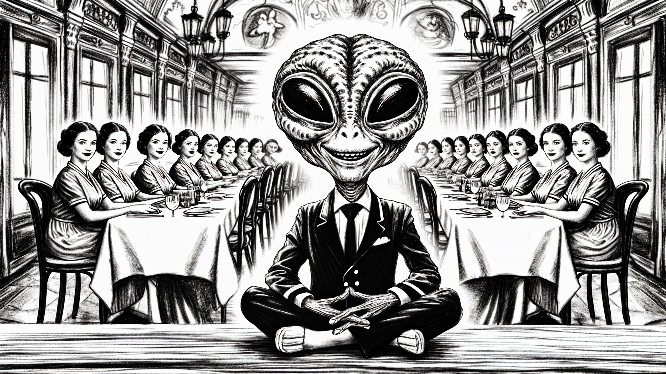 Alien at Head Table Surrounded by Identical Women