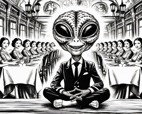 Alien at Head Table Surrounded by Identical Women