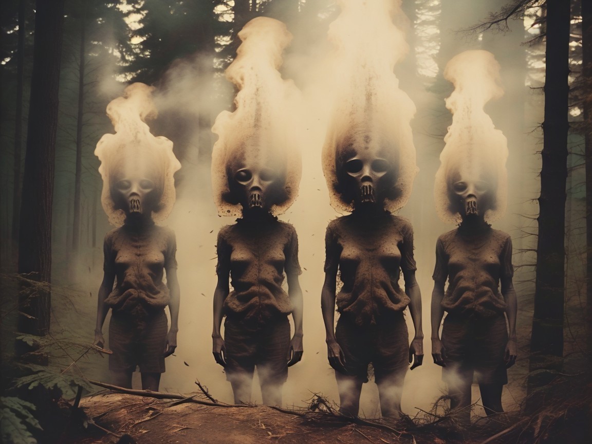 Eerie Figures in a Mystical Foggy Forest Scene