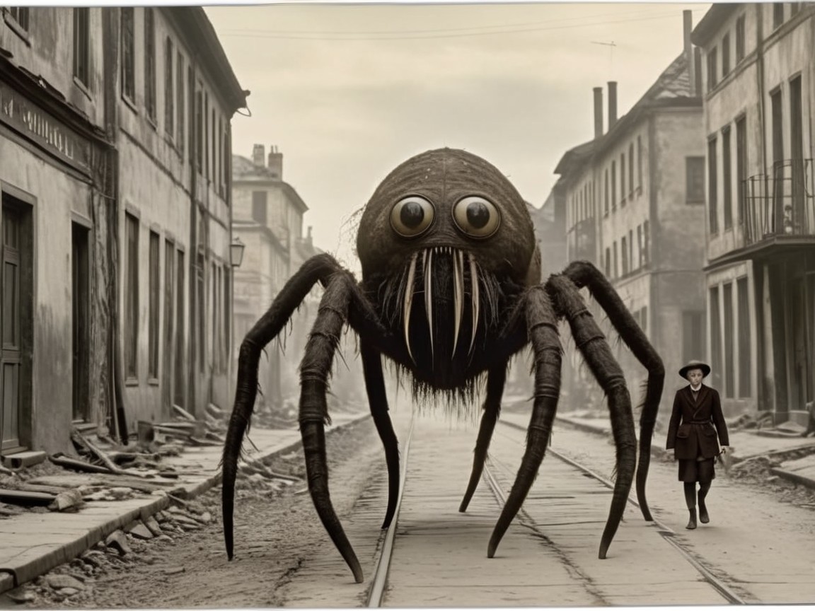Desolate street scene with giant spider and lone figure
