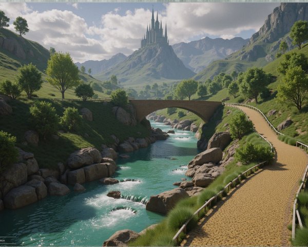 Serene landscape with river, bridge, and mountains