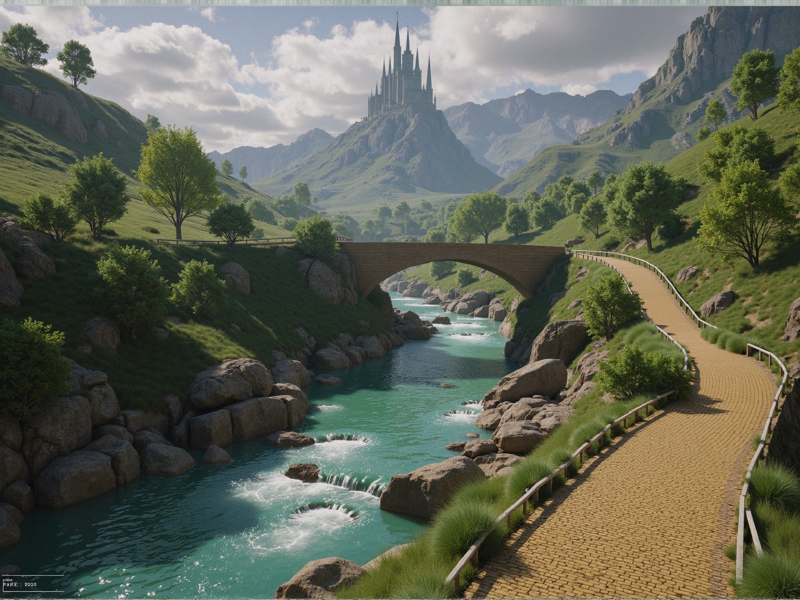 Serene landscape with river, bridge, and mountains
