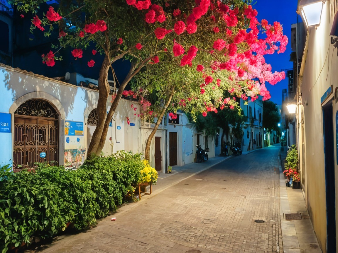 Charming Evening Street with Bougainvillea and Bicycles