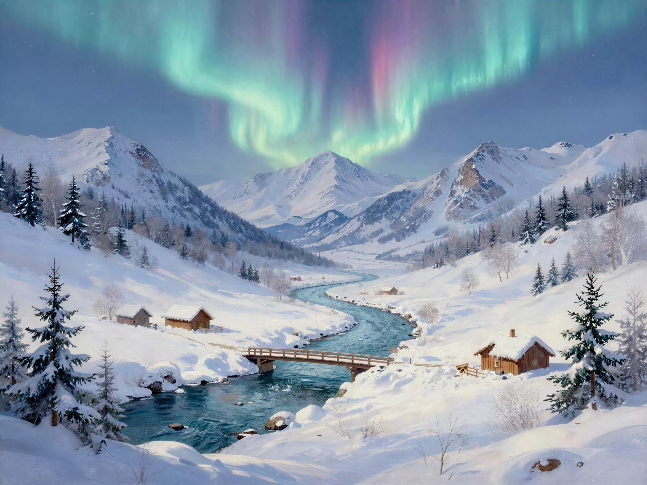 Snowy Alaskan Landscape with Aurora Borealis Detail