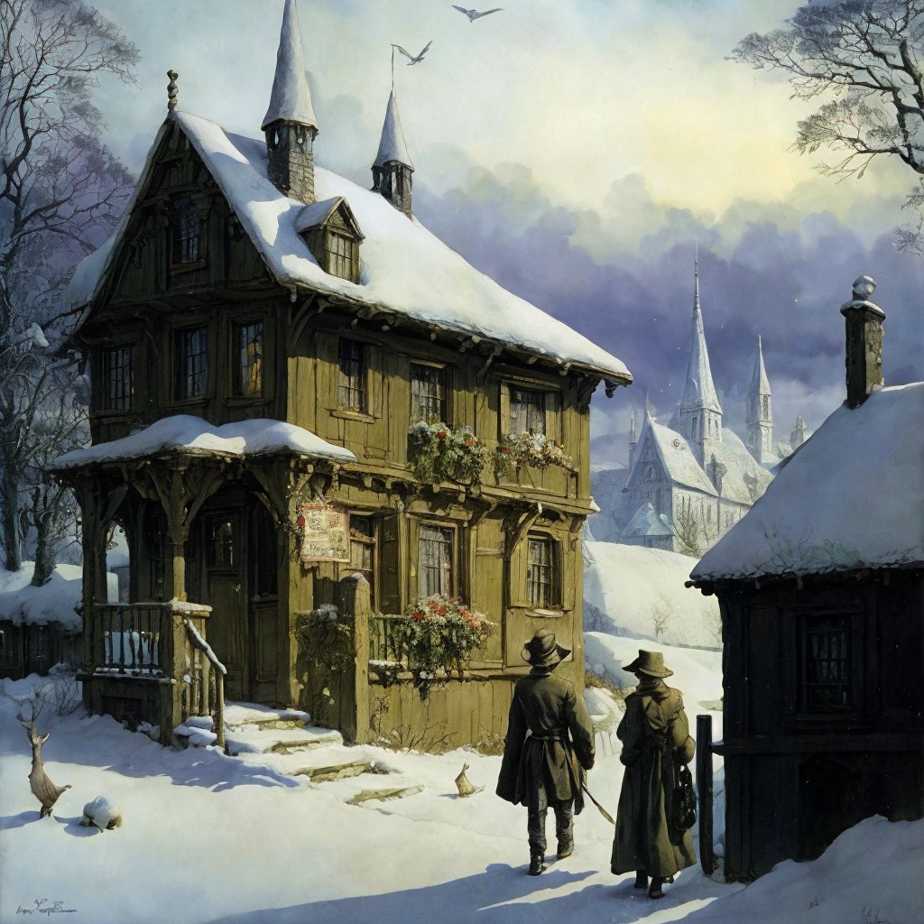 Snow-Covered Cottage in a Serene Winter Landscape