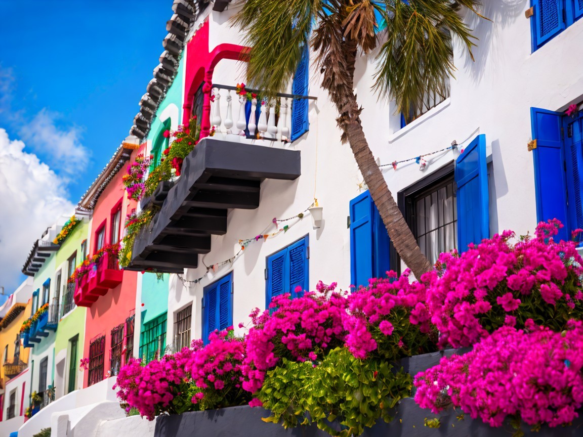 Colorful Buildings with Bougainvillea and Palm Trees