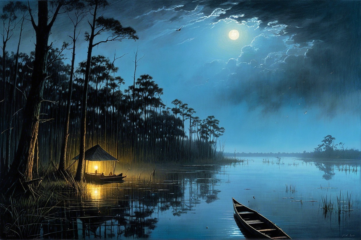 Tranquil Nighttime Scene of Lake and Surrounding Nature