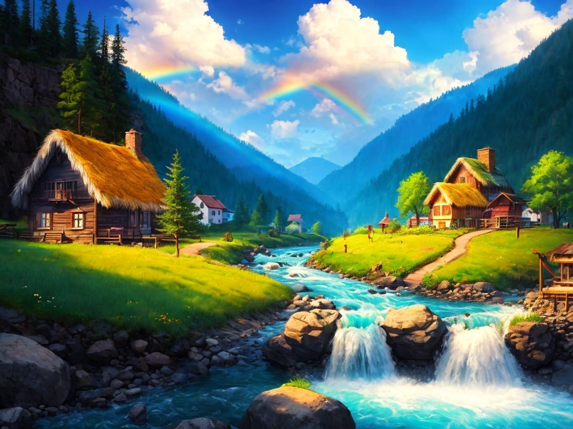 Serene Mountain Landscape with Cottages and Rainbow