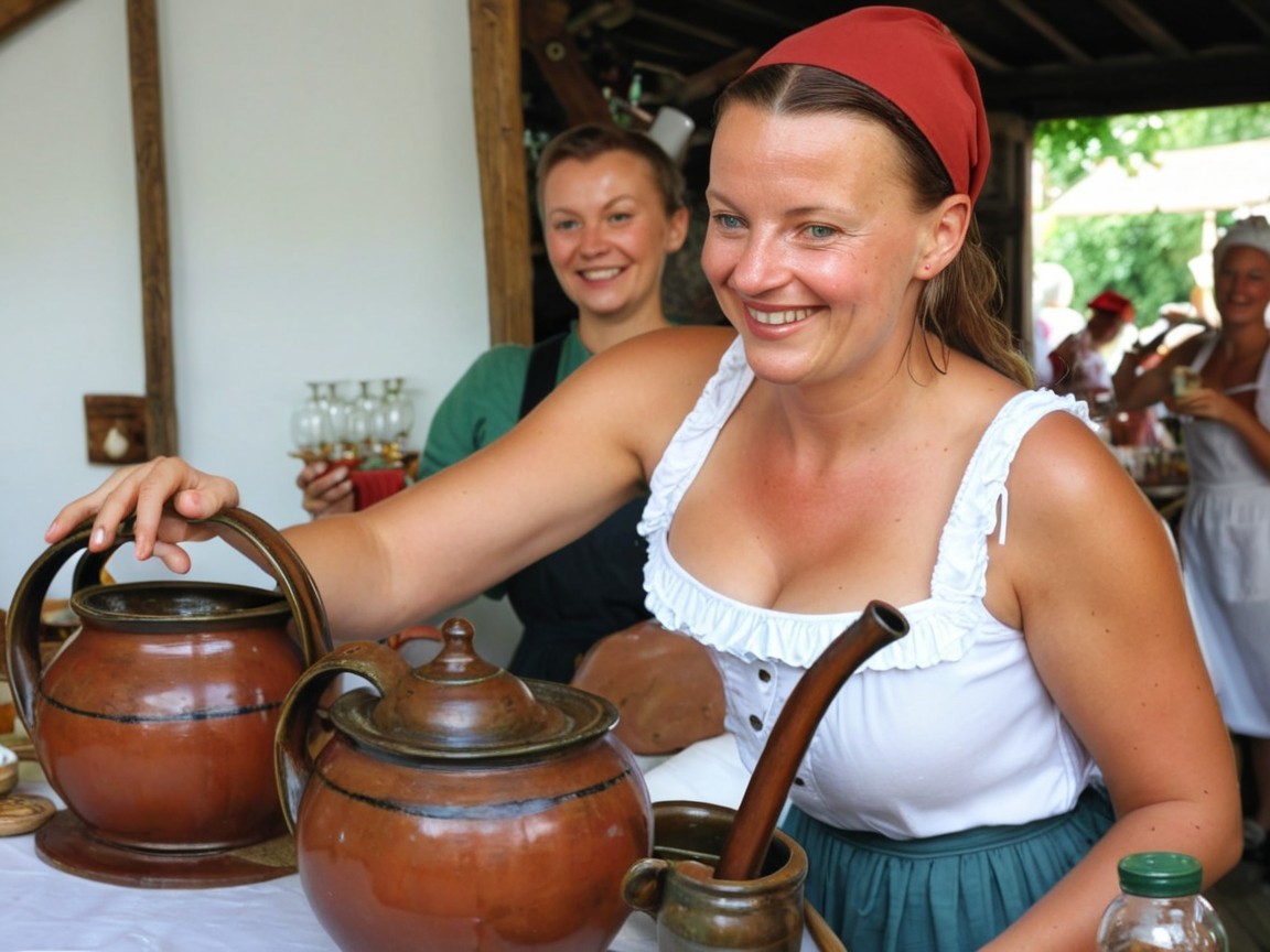 Women in Historical Attire in a Rustic Setting
