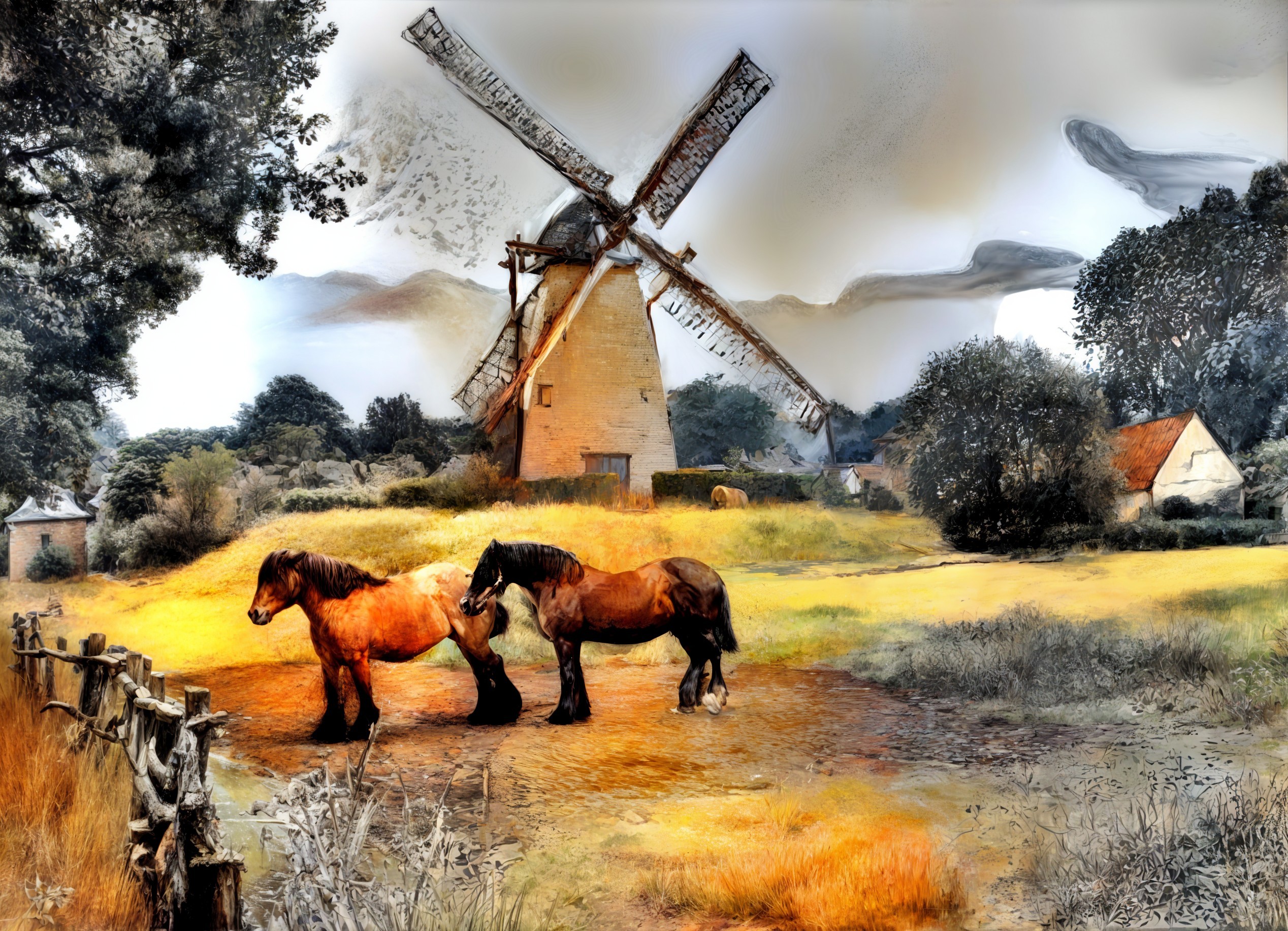 Horses Grazing in a Scenic Golden Field with Windmill