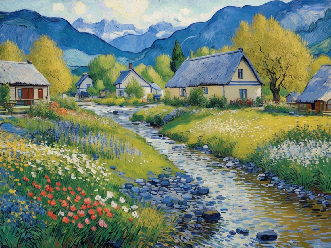 Vibrant Countryside Landscape with Flowers and Cottages
