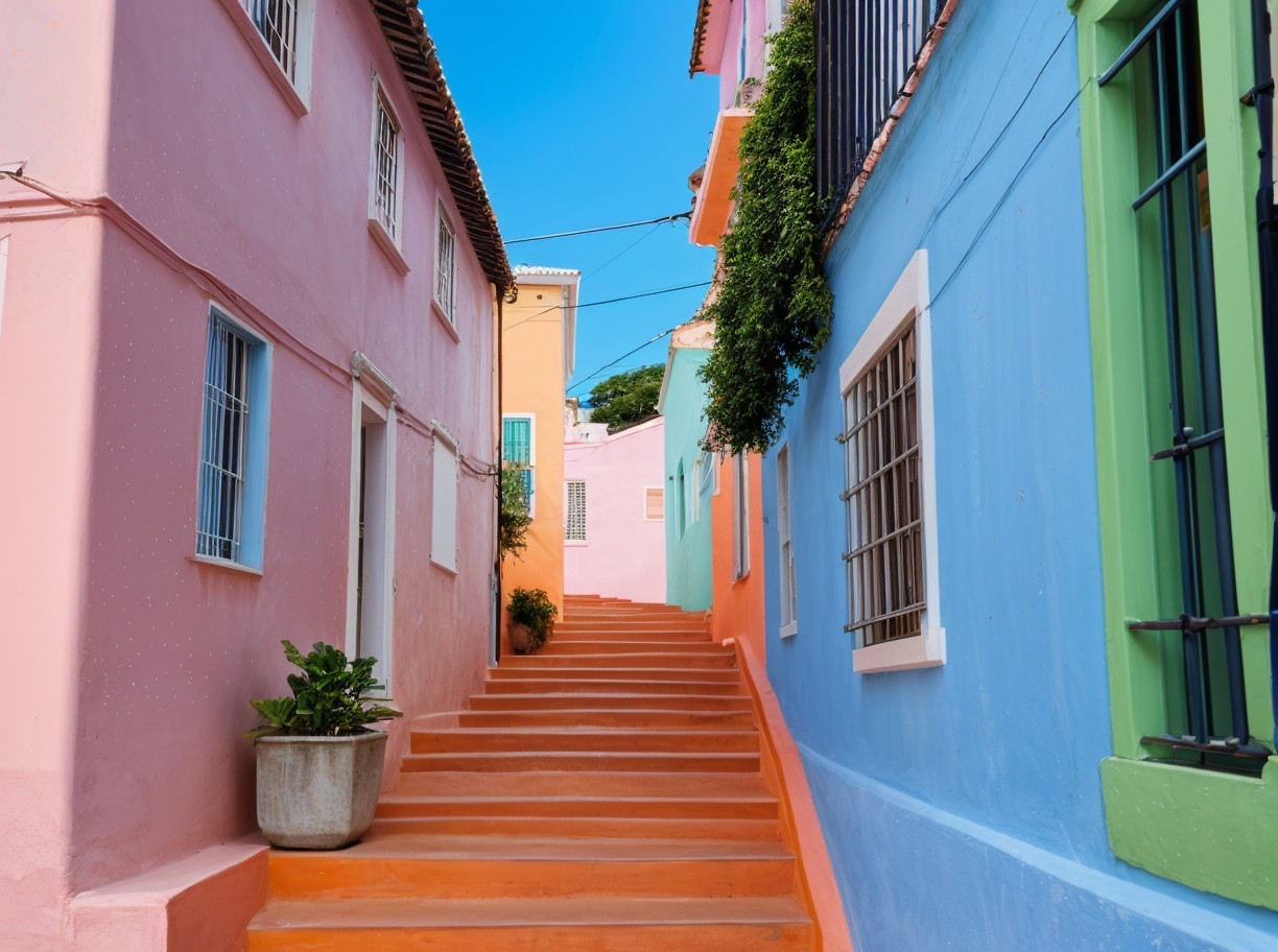 Colorful Alleyway with Bright Houses and Stairs