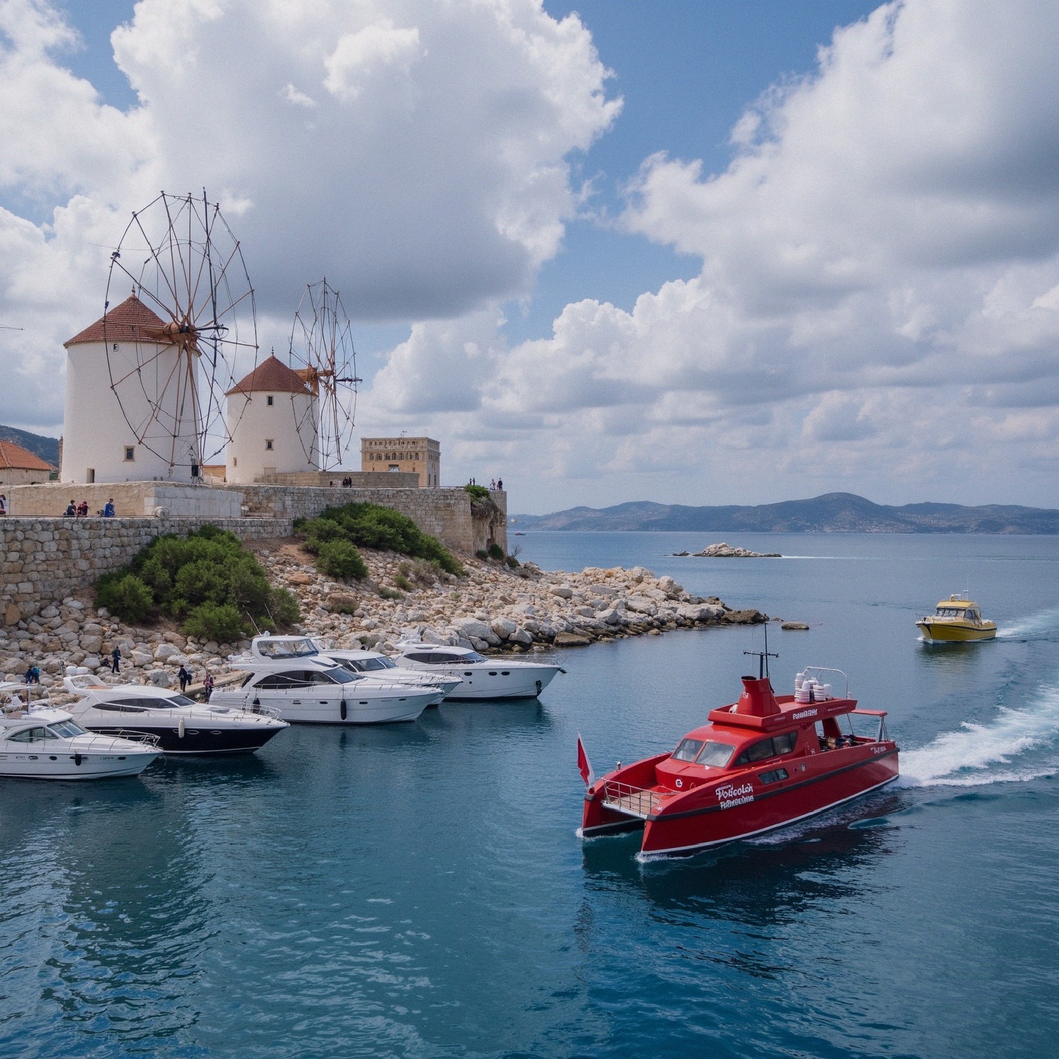 High-angle view of boats on a calm sea with clouds