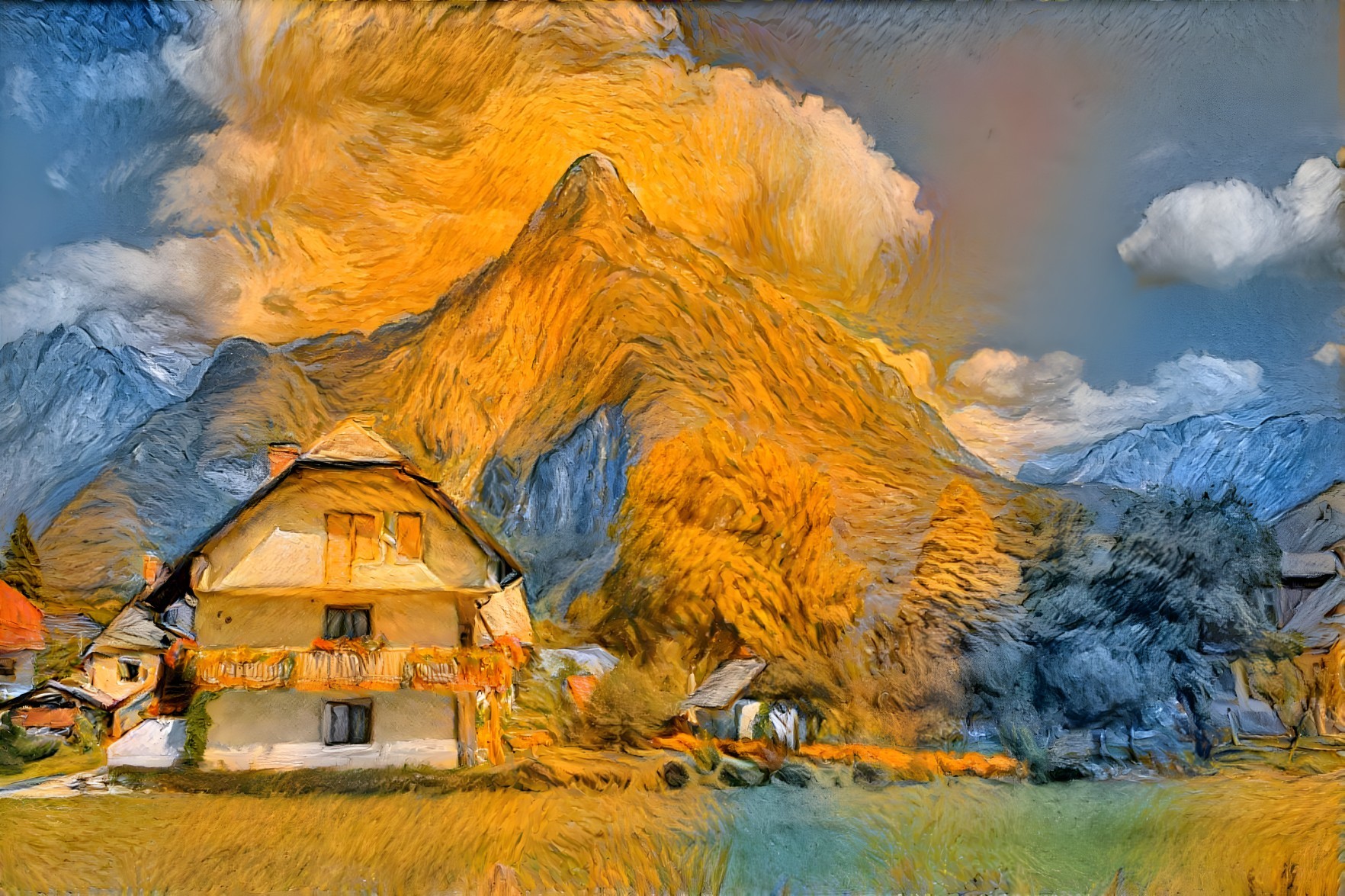 Charming House and Majestic Mountain Landscape Scene