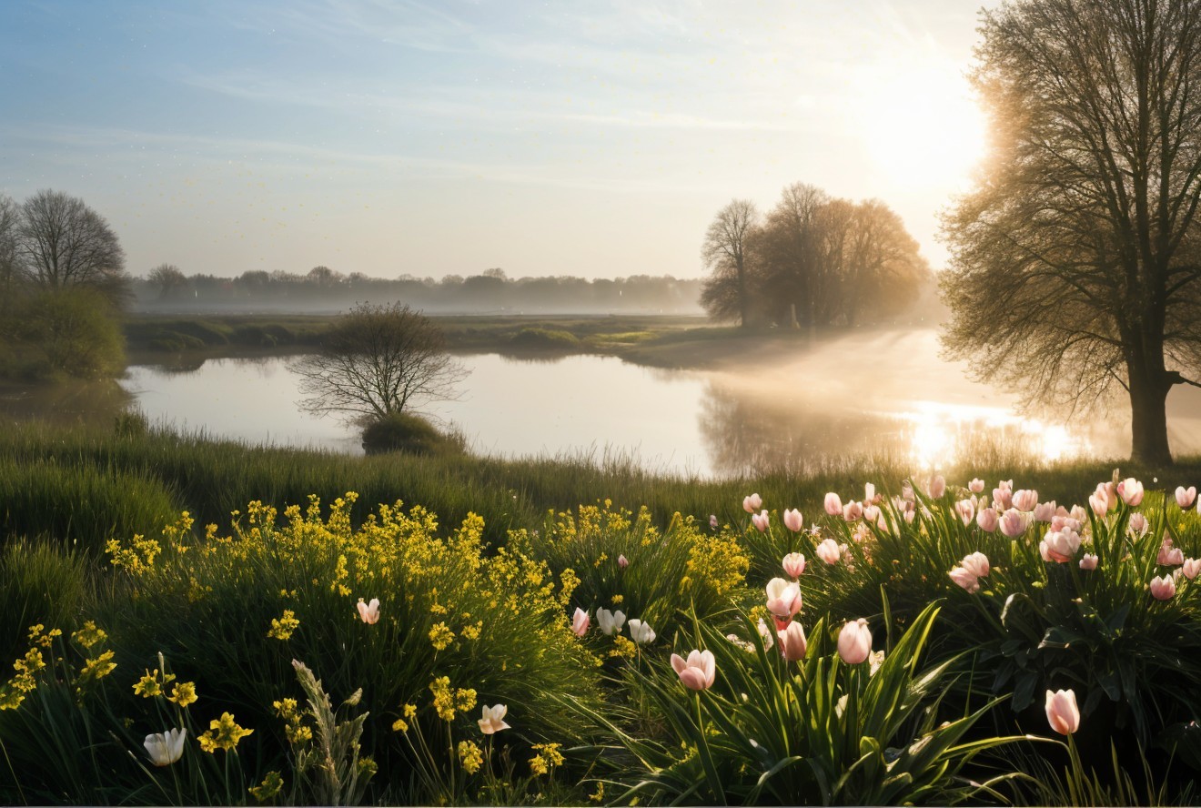 Serene Dawn Landscape with River and Blooming Flowers