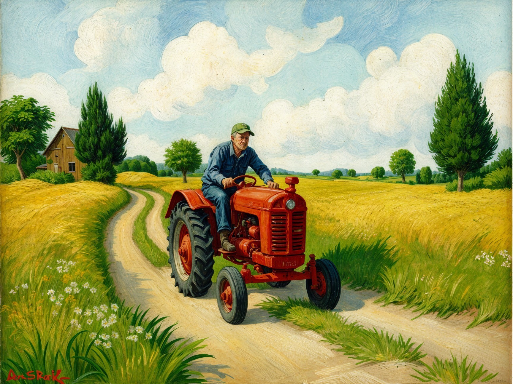 Farmer on Red Tractor in Golden Wheat Field