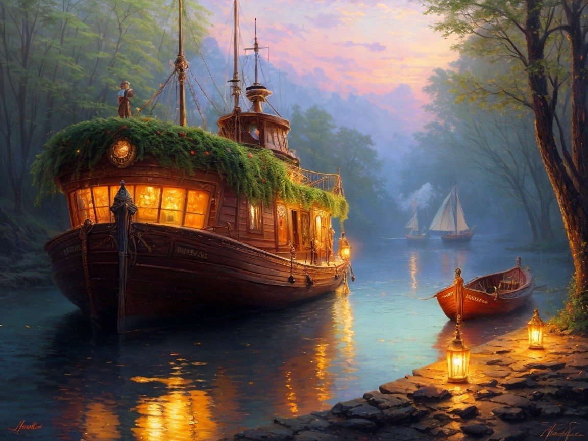 Serene River Scene with Boat and Lanterns