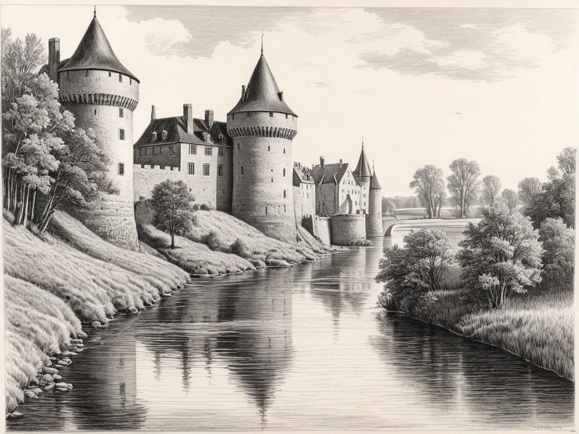 Medieval Castle by Tranquil Riverbank in Black-and-White