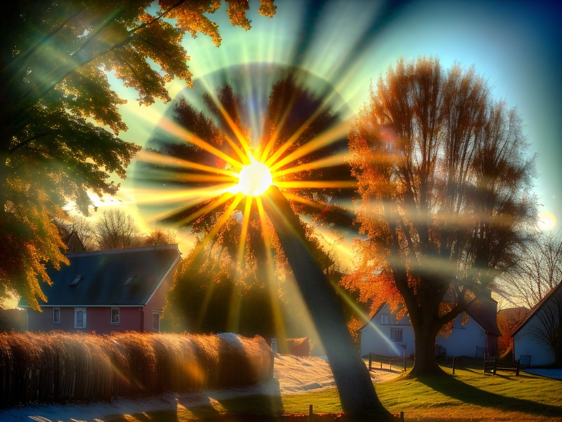 Autumn Sunset Over Trees and Charming Houses