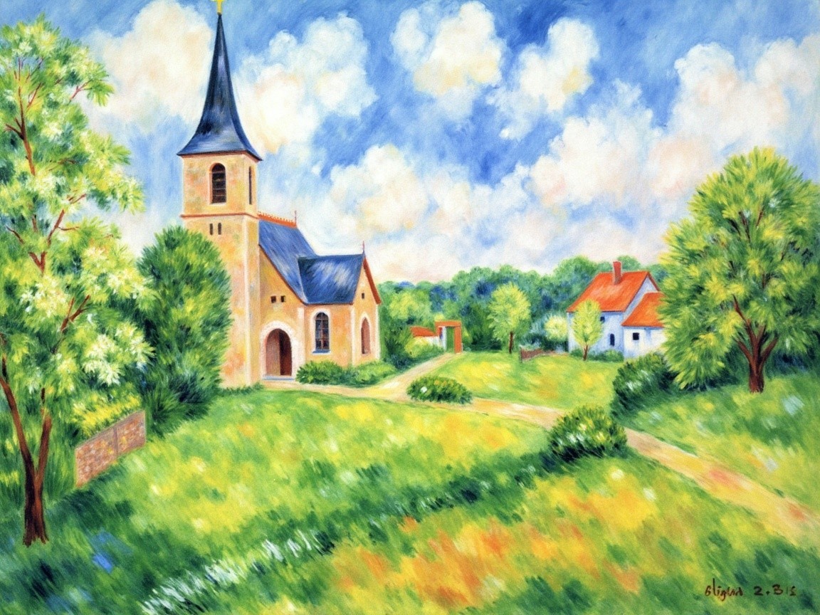Charming Church Surrounded by Lush Countryside Scene