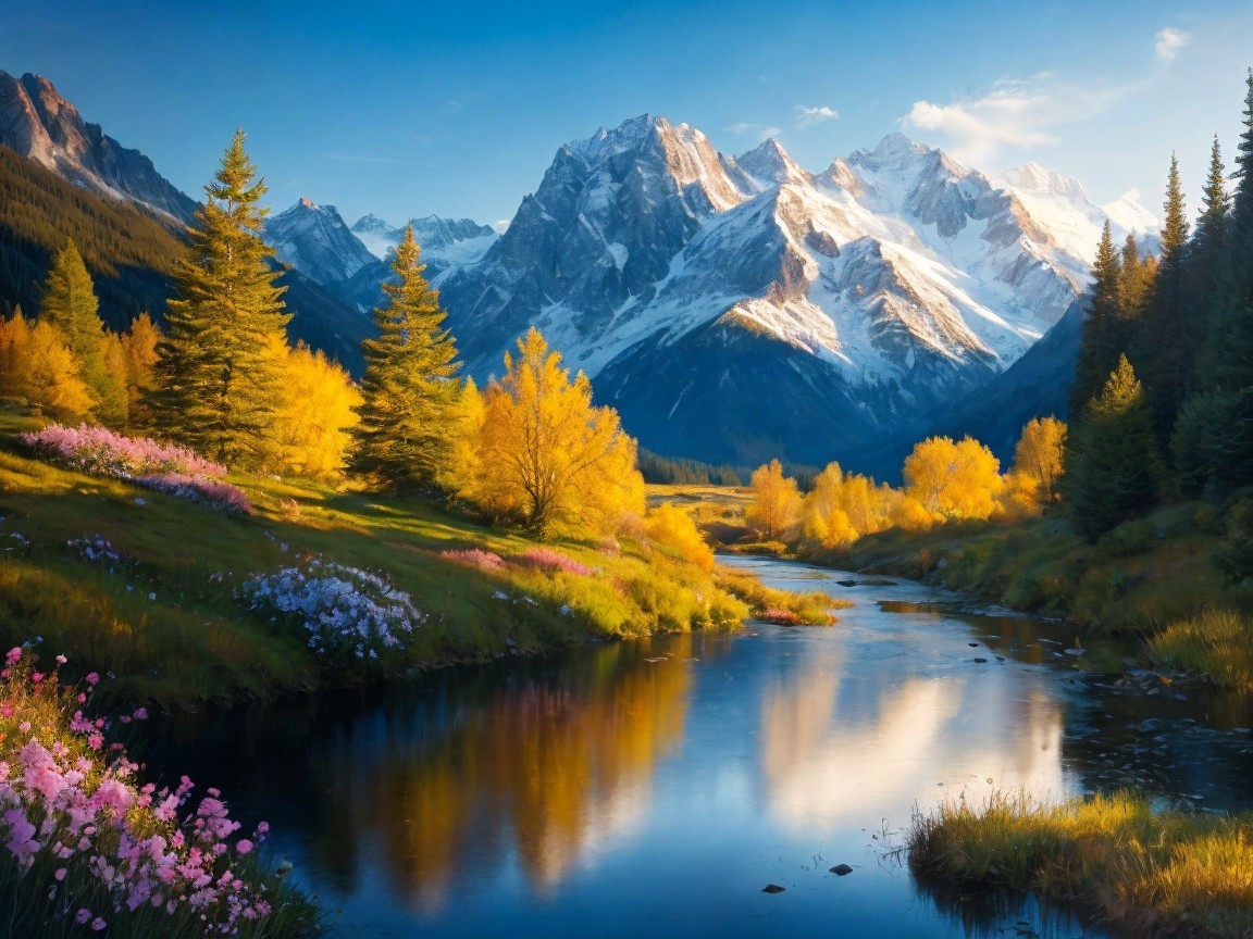 Majestic Snow-Capped Mountains and Autumn Landscape