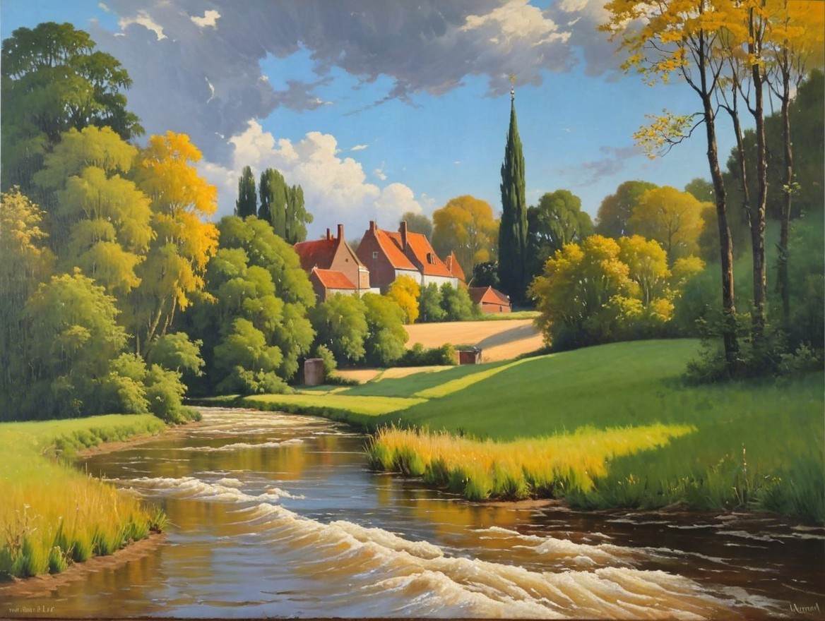 Serene landscape with river, greenery, and houses