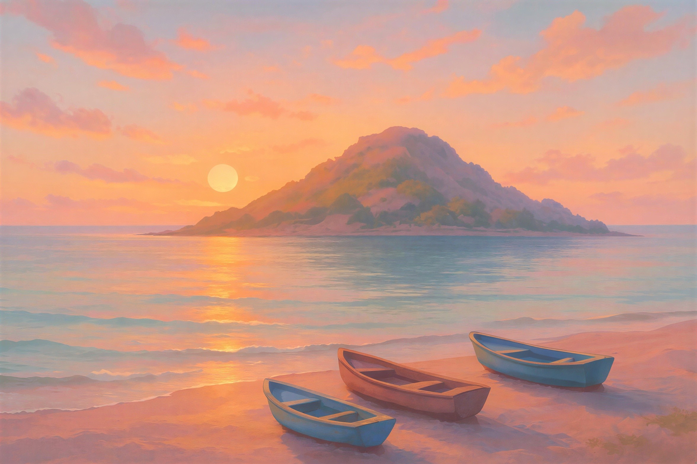 Island Beach Sunset with Mountain and Fishing Boats