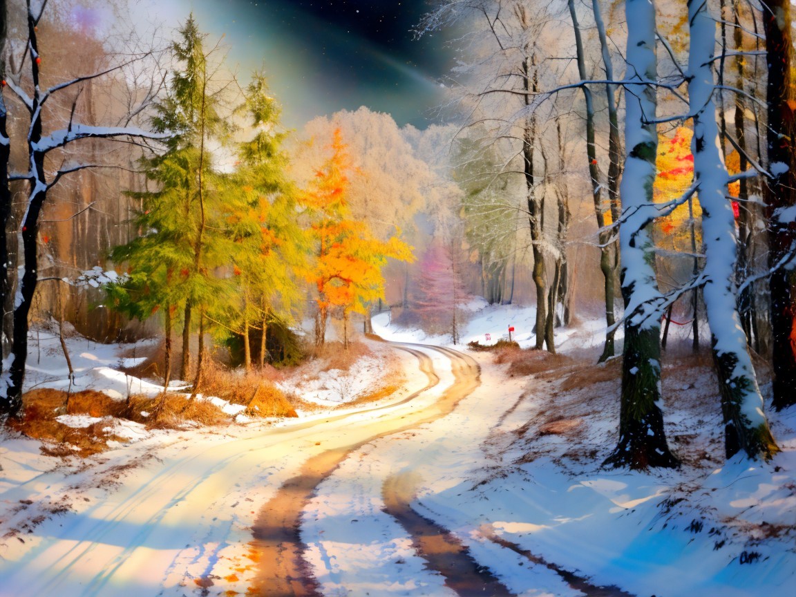 Serene winter landscape with vibrant foliage and path