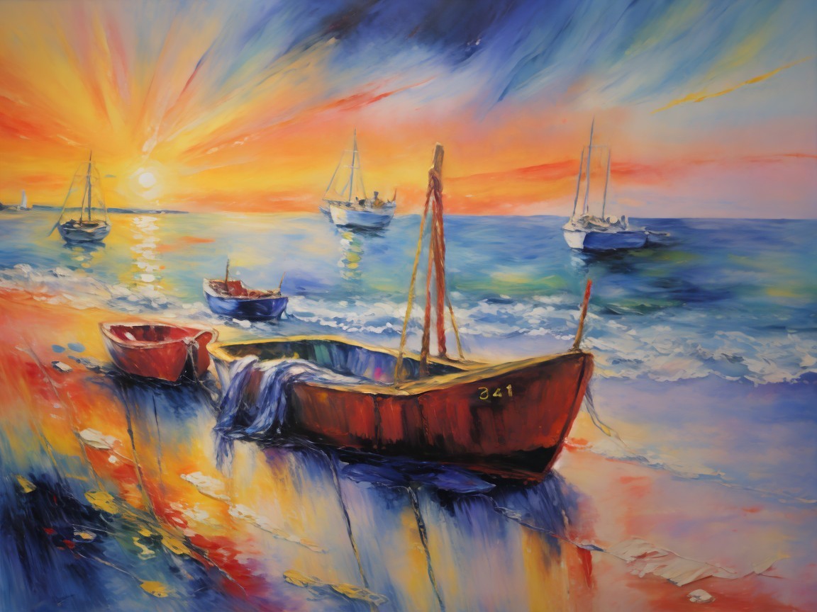Vibrant Seascape at Sunset with Colorful Boats