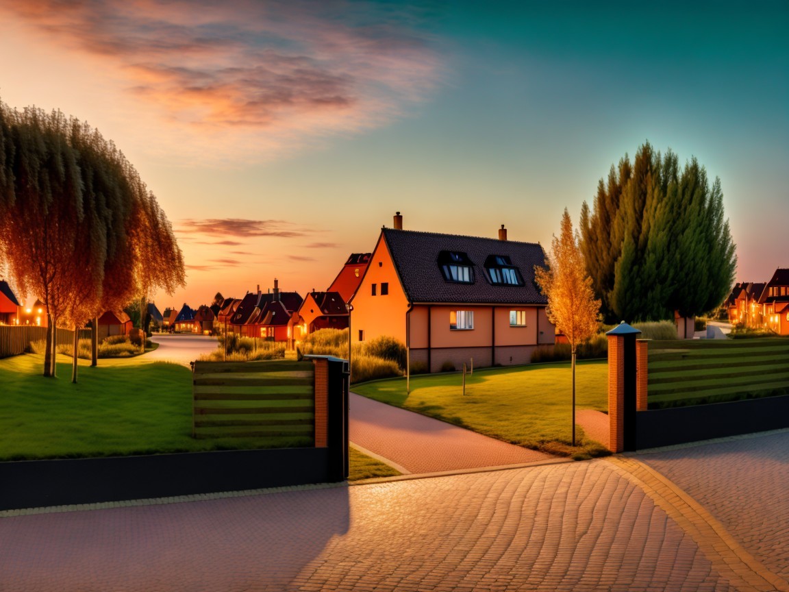 Serene Suburban Scene at Dusk with Cozy Homes