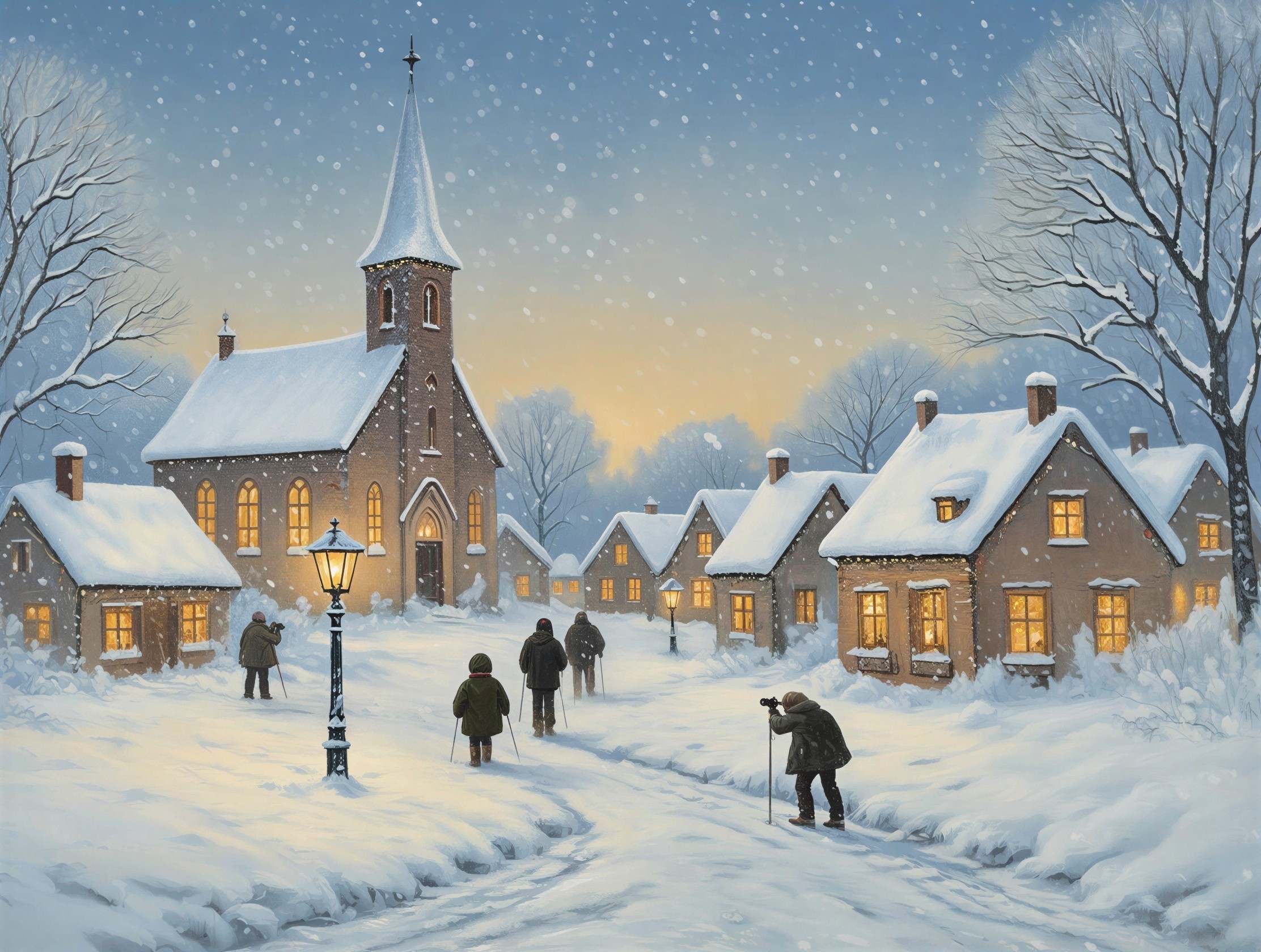 Winter Village Scene with Snowy Path and Church