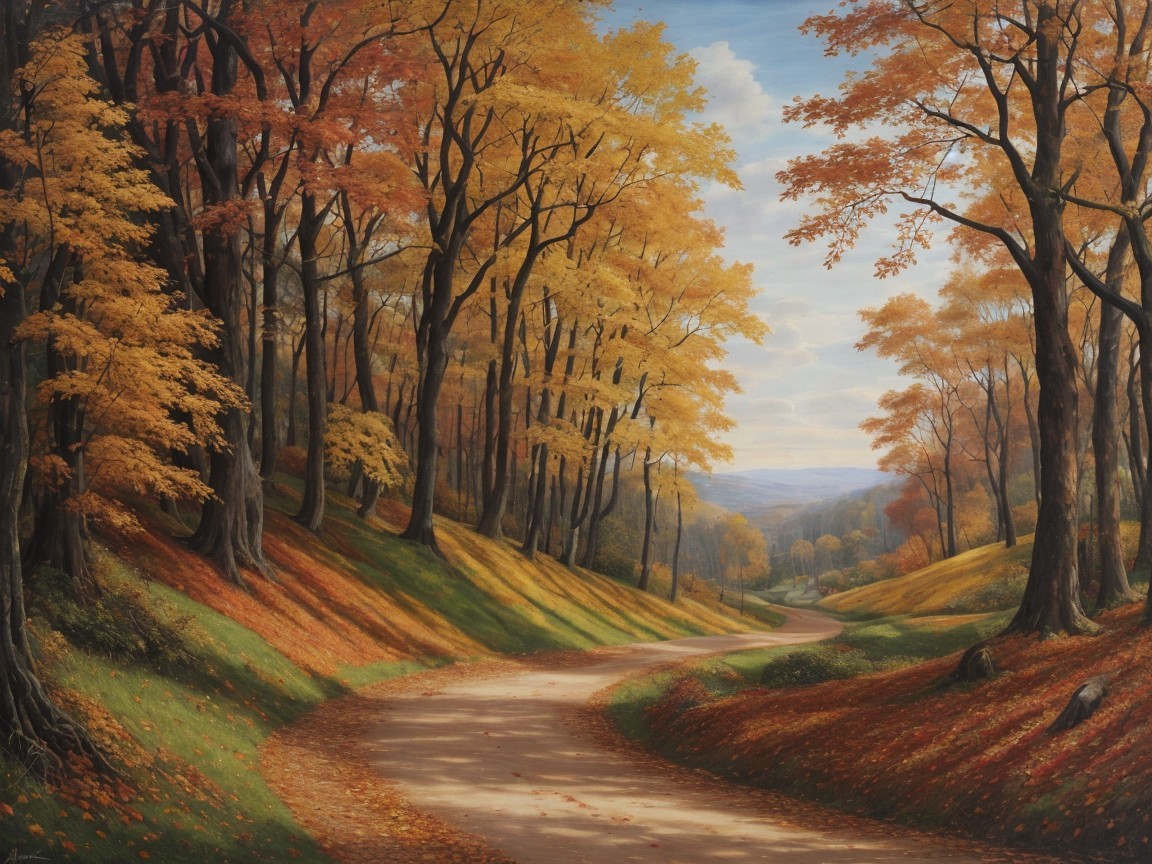 Autumn Landscape with Winding Path and Vibrant Trees