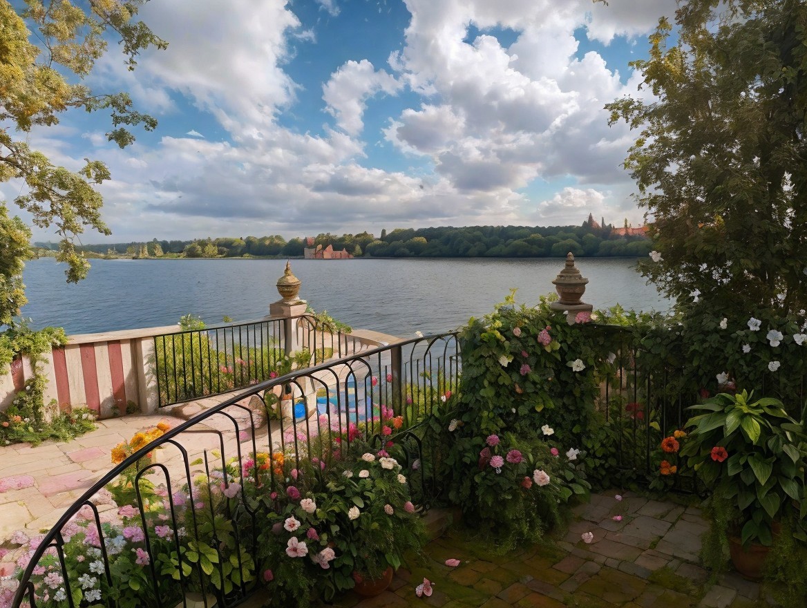 Serene Lakeside View with Lush Greenery and Flowers