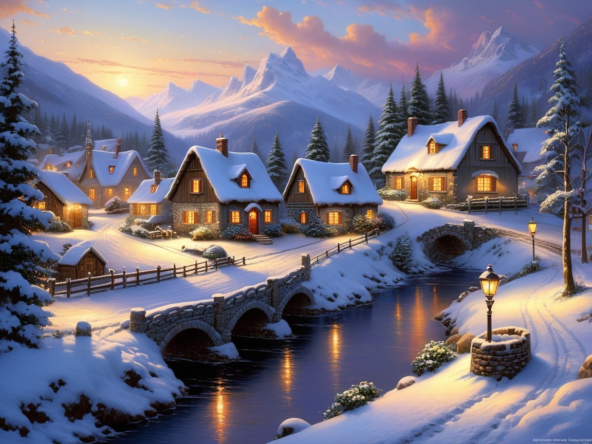 Winter Village Scene with Snow-Covered Mountains