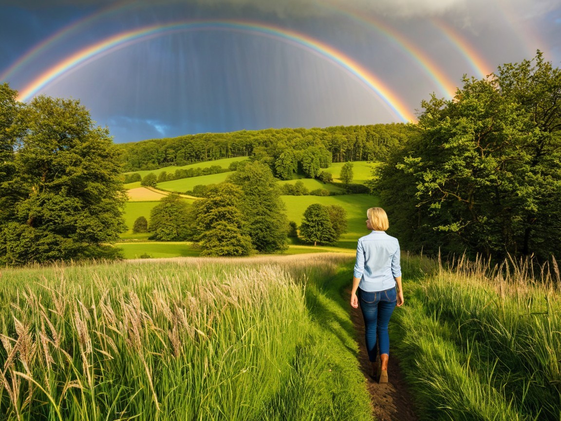 Woman Walking on Dirt Path in Scenic Landscape
