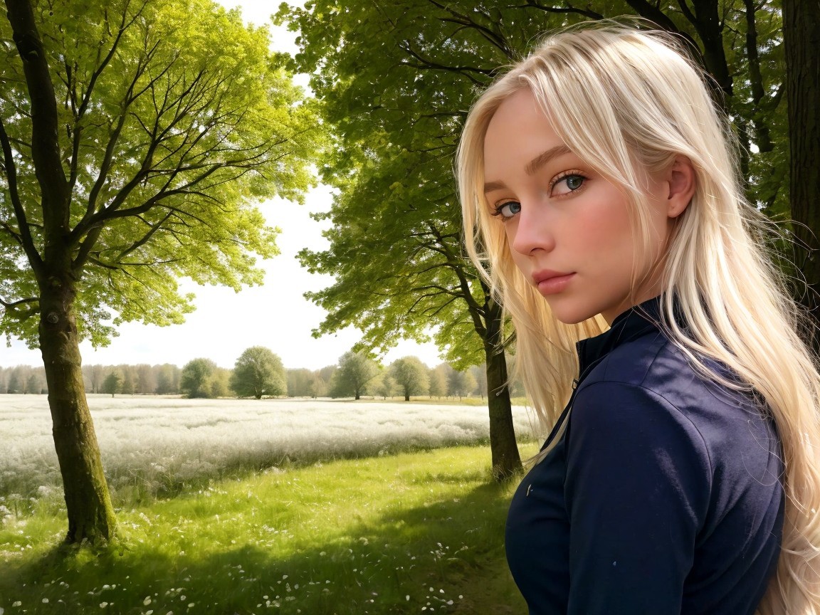 Young woman in a green landscape with wildflowers
