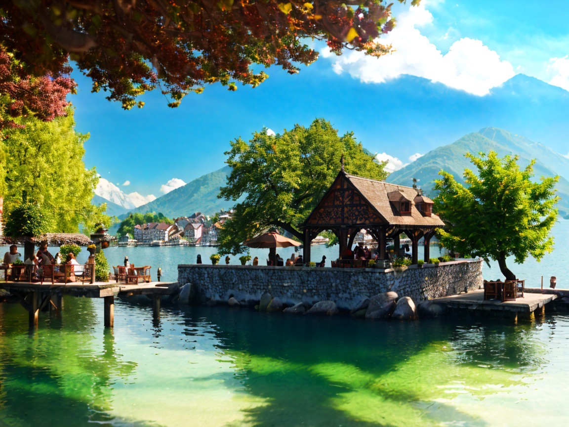 Scenic Lakeside View with Pavilion and Mountains