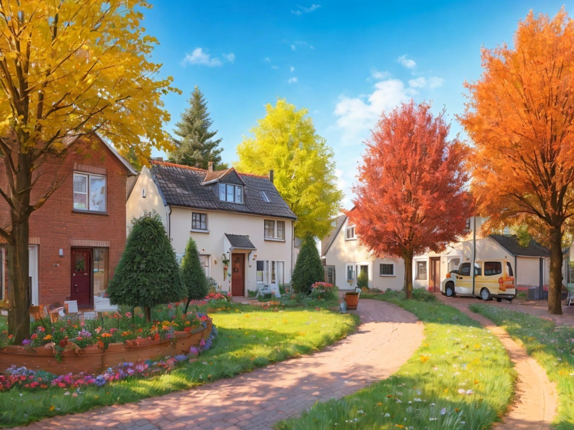 Charming Neighborhood with Autumn Foliage and Pathway