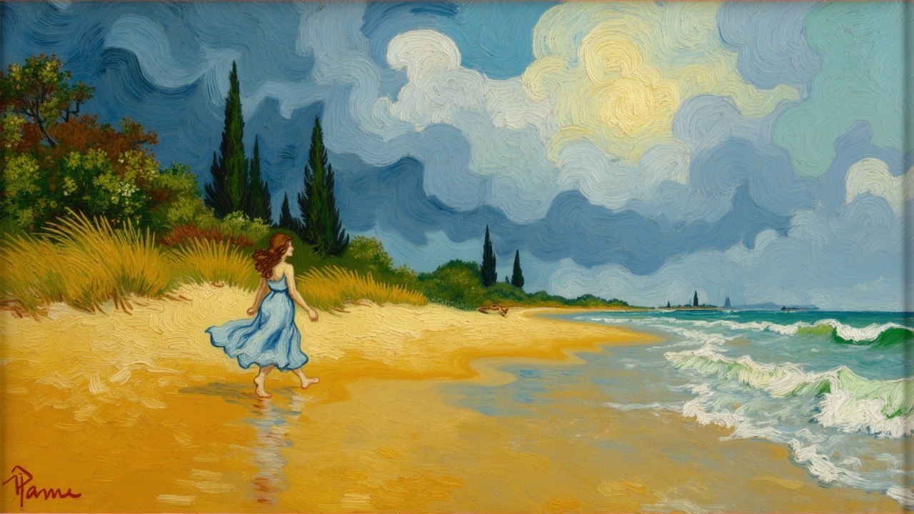 Serene Beach Scene with Woman in Blue Dress