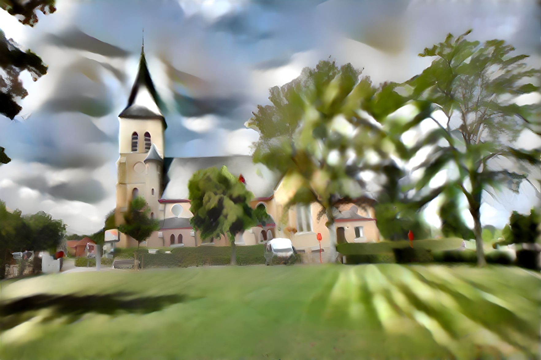 Charming Church in Lush Green Landscape with Steeple
