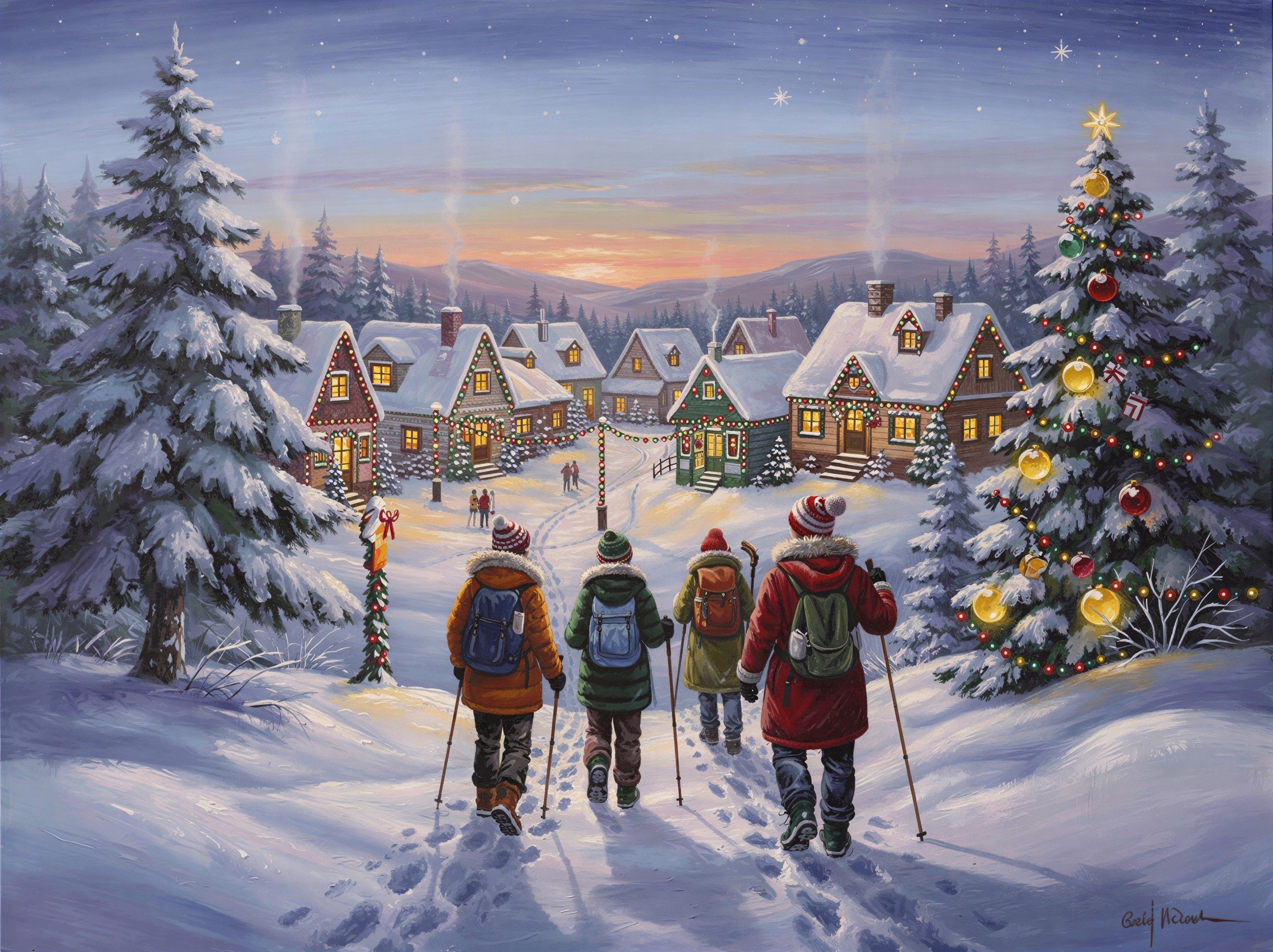 Winter Wonderland Oil Painting with Snowy Village Scene