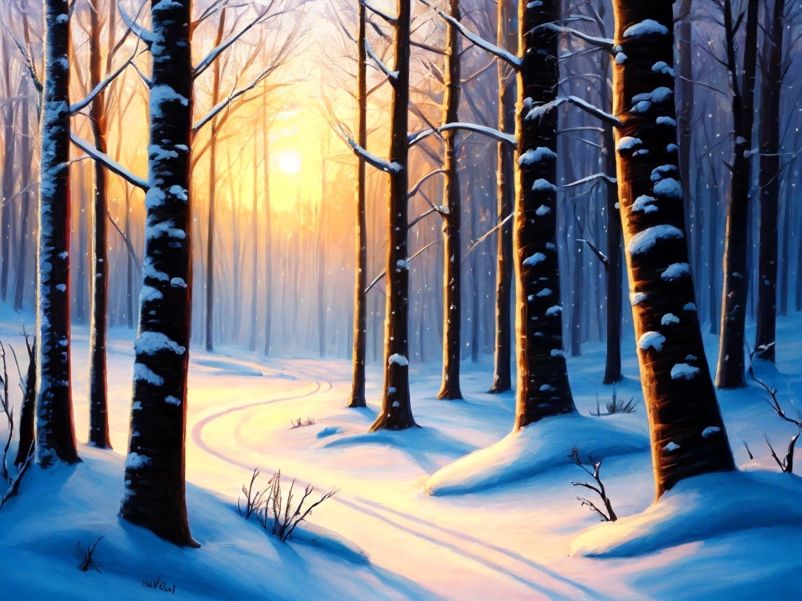 Serene winter landscape with snow-covered trees and path