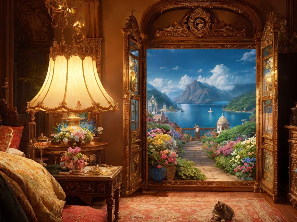 Decorative Bedroom with Scenic Lake View and Cat