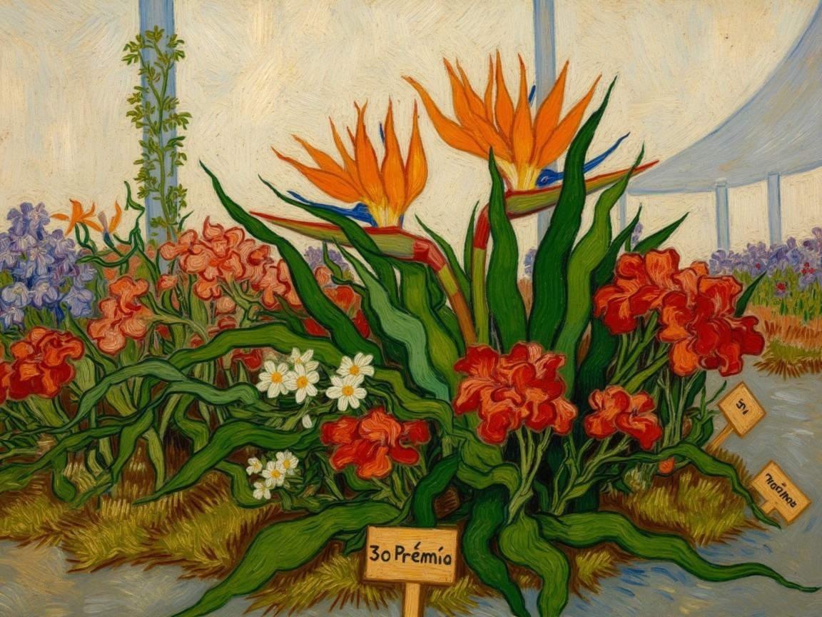 Vibrant garden scene with diverse flowers and plants