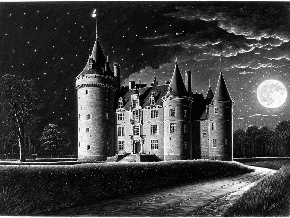 Majestic castle illuminated under a starry night sky