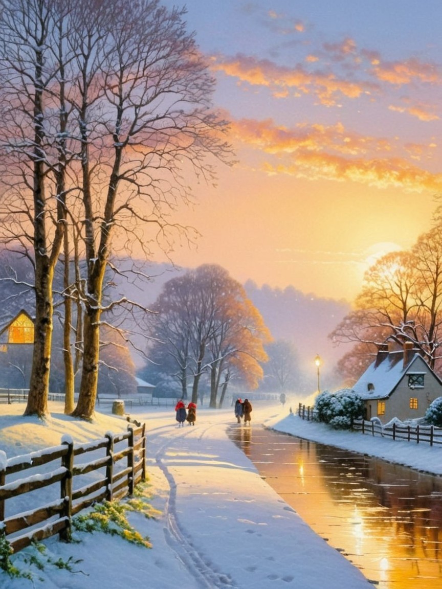 Photorealistic Winter Landscape with Sunset Colors